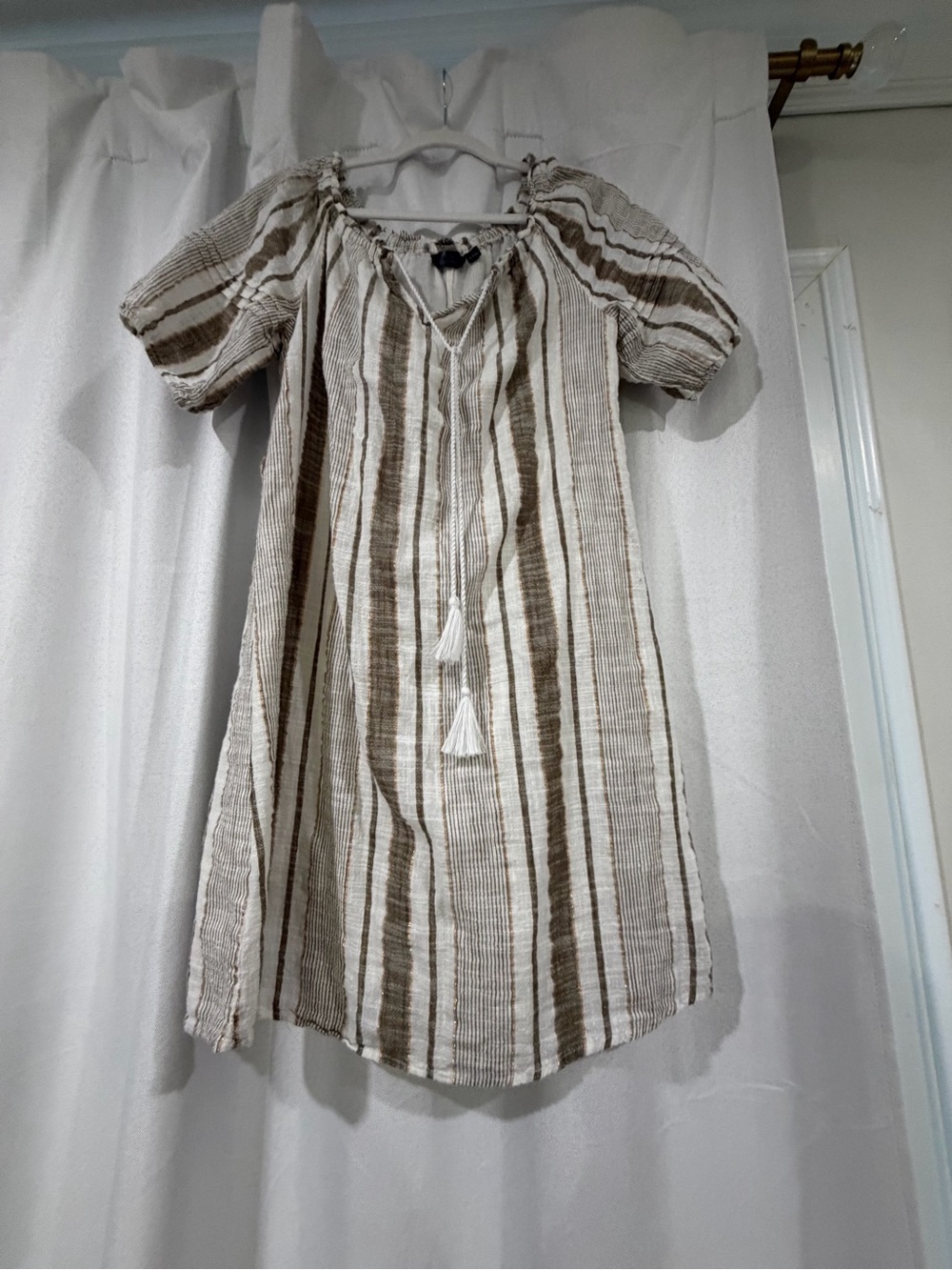Striped Beige & White Peasant Tunic Dress with Tassel Tie